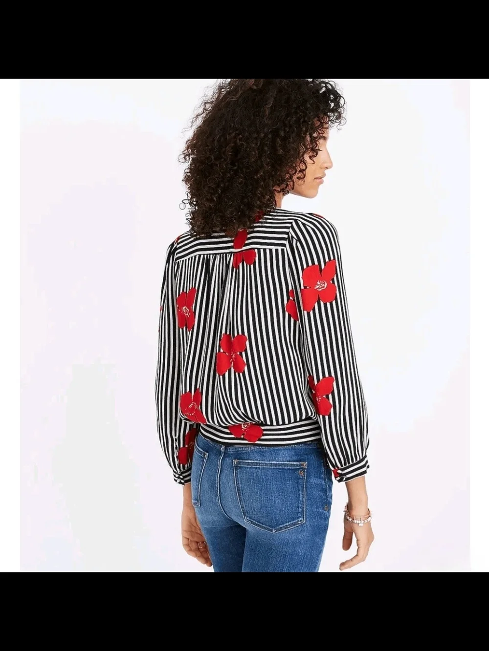 Madewell Black & White Wrap Blouse Top Shirt Red Floral Candied Orchid Small S - Picture 4 of 5